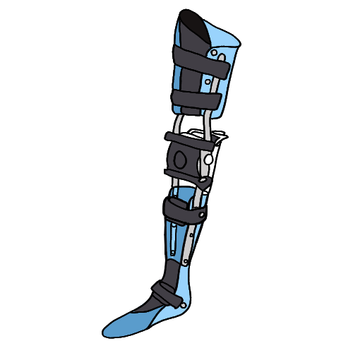 A light blue right Knee Ankle Foot Orthosis (KAFO).